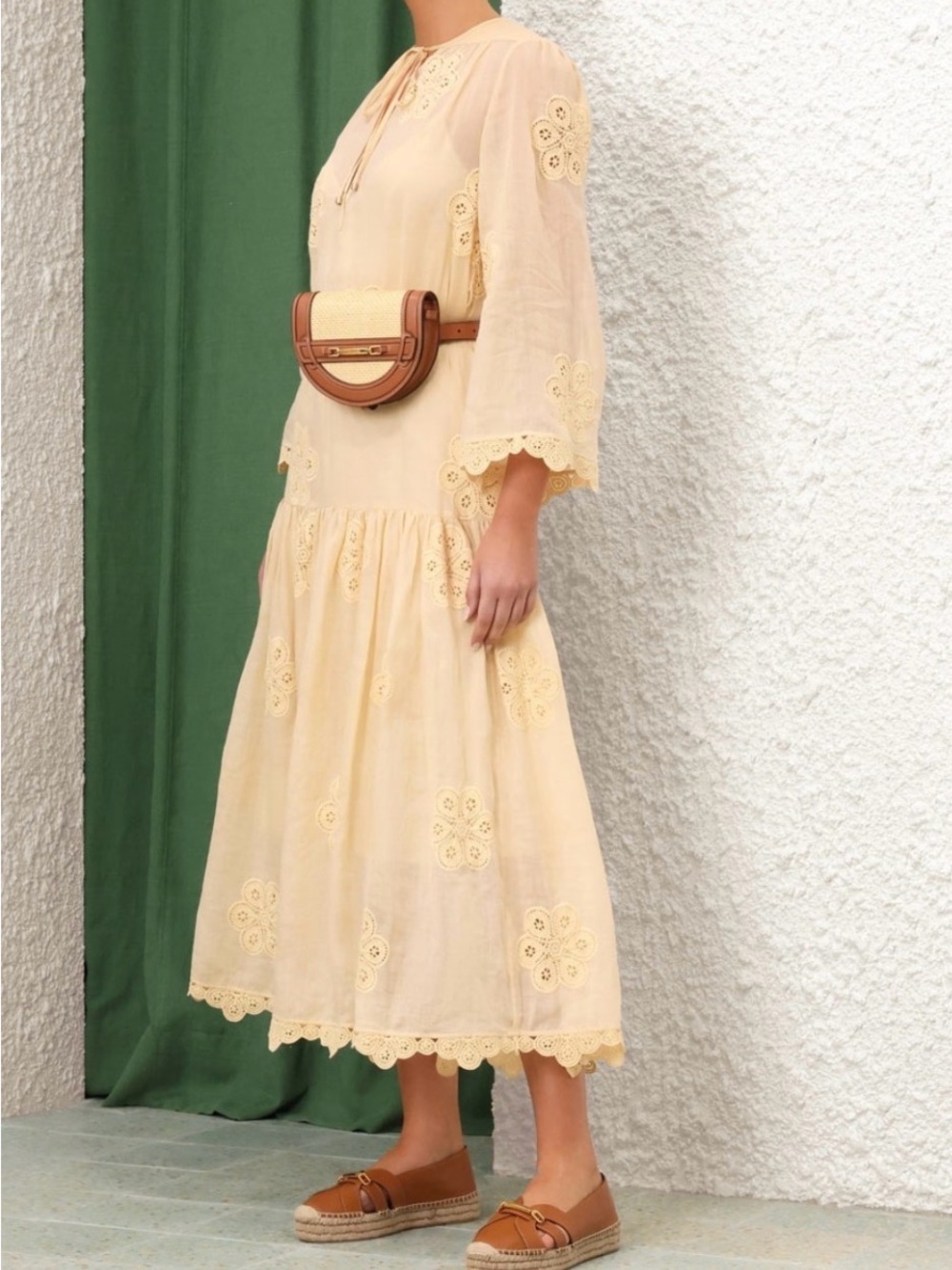 Zimmermann Cream Eyelet Midi Dress with Scalloped Hem